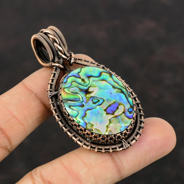 Abalone Shell Oval Green Handmade Copper Wire Wrapped Pendant