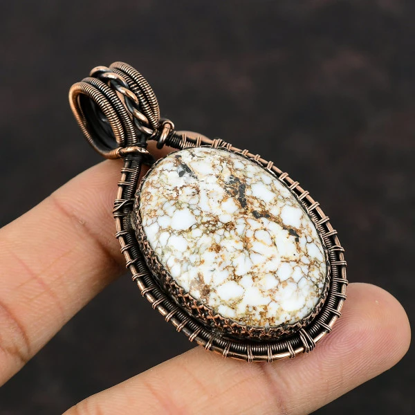 Wild Horse Magnesite Oval White Handmade Copper Wire Wrapped Pendant
