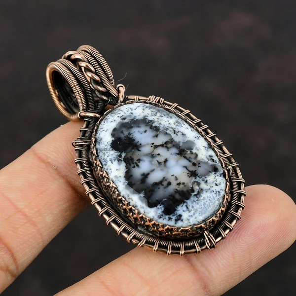 Dendrite Opal Oval Black Handmade Copper Wire Wrapped Pendant