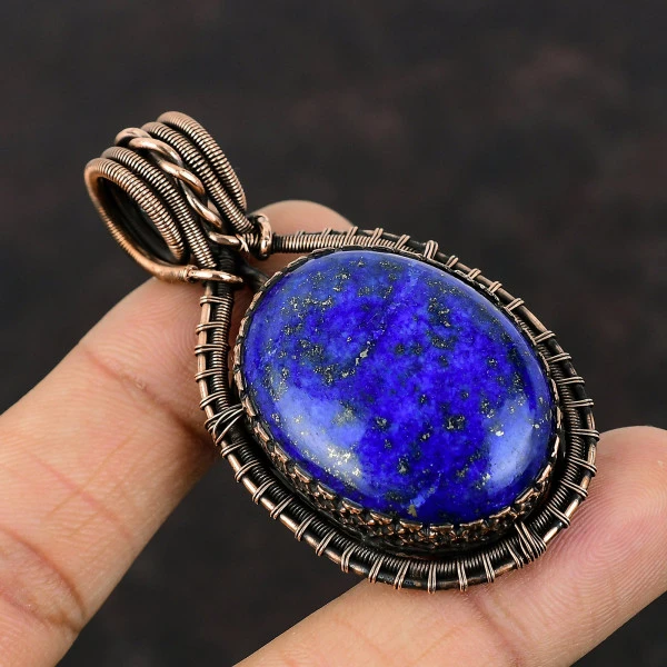 Lapis Lazuli Oval Blue Handmade Copper Wire Wrapped Pendant