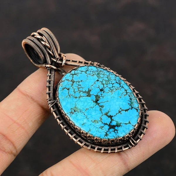 Tibetan Turquoise Oval Blue Handmade Copper Wire Wrapped Pendant
