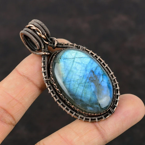 Labradorite Oval Gray Handmade Copper Wire Wrapped Pendant