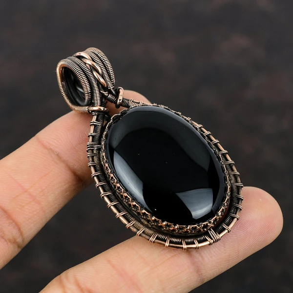Black Onyx Oval Black Handmade Copper Wire Wrapped Pendant