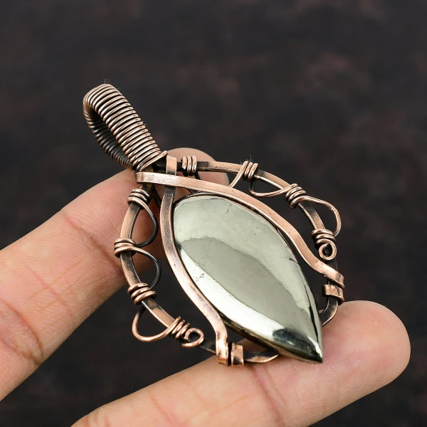 Apache Pyrite Pear Gold Handmade Copper Wire Wrapped Pendant