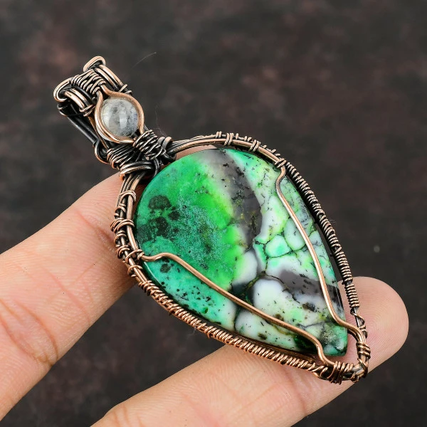 Green Dendrite Opal Pear Green Handmade Copper Wire Wrapped Pendant