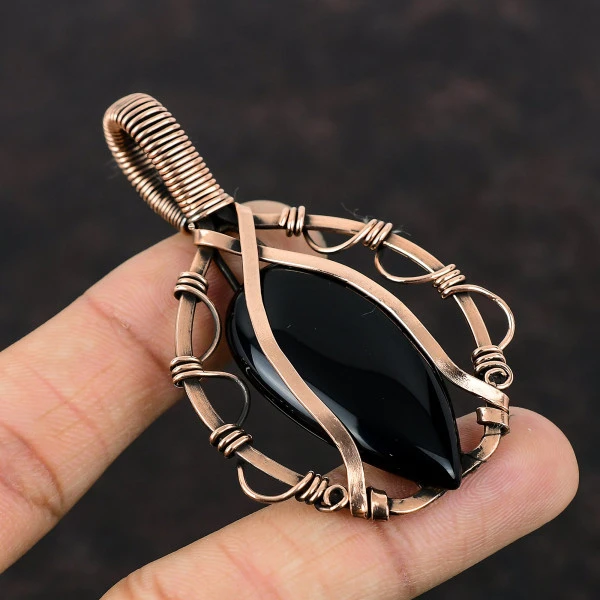 Black Onyx Pear Black Handmade Copper Wire Wrapped Pendant