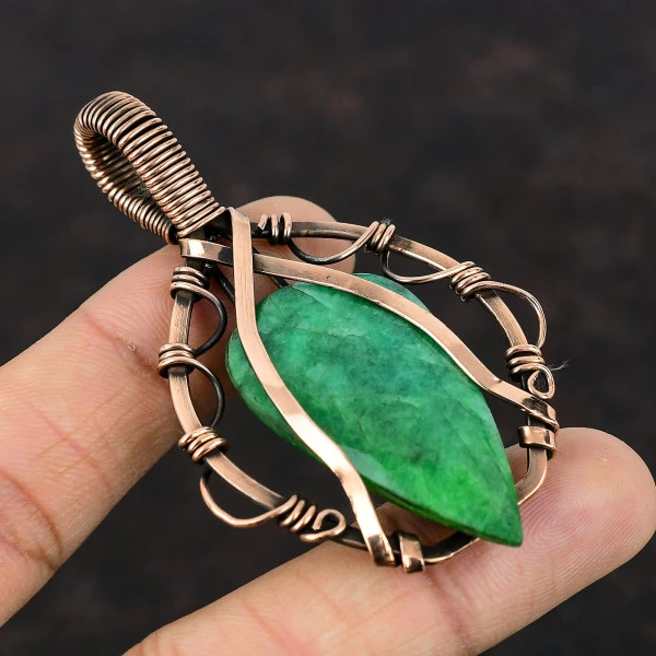 Faceted Zambian Emerald Pear Green Handmade Copper Wire Wrapped Pendant