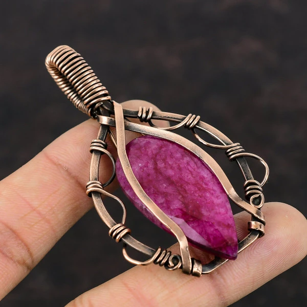 Faceted Kashmir Ruby Pear Red Handmade Copper Wire Wrapped Pendant