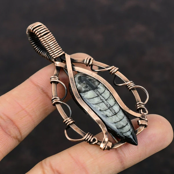 Orthoceras Fossil Pear Gray Handmade Copper Wire Wrapped Pendant