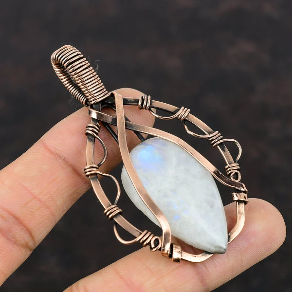 Rainbow Moonstone Pear White Handmade Copper Wire Wrapped Pendant