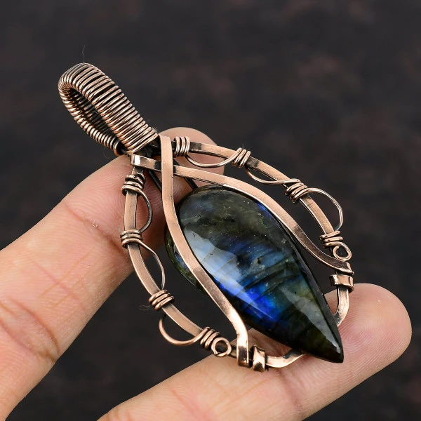 Labradorite Pear Gray Handmade Copper Wire Wrapped Pendant