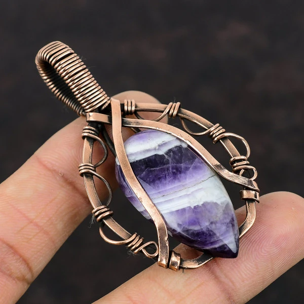 Chevron Amethyst Pear Purple Handmade Copper Wire Wrapped Pendant
