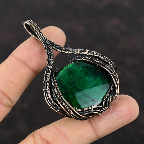 Green Fire Labradorite Oval Green Handmade Copper Wire Wrapped Pendant