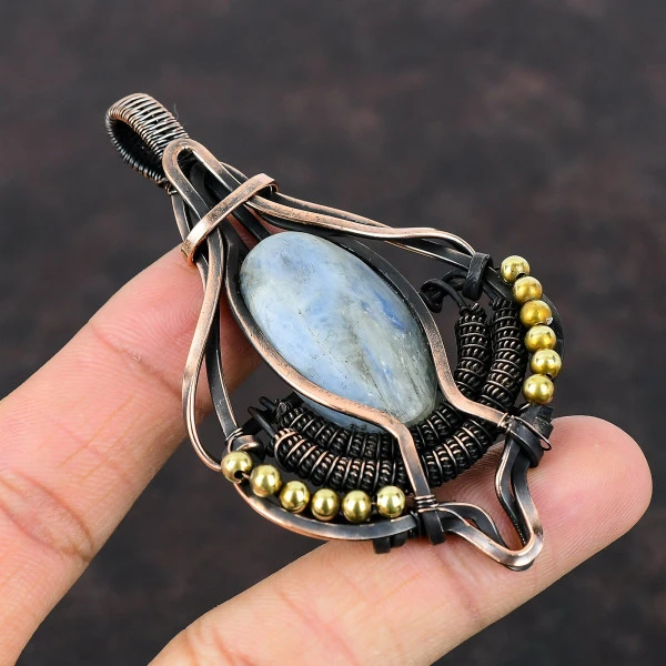 Kyanite Oval Blue Handmade Copper Wire Wrapped Pendant