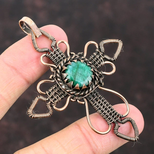 Zambian Emerald Round Green Handmade Copper Wire Wrapped Pendant