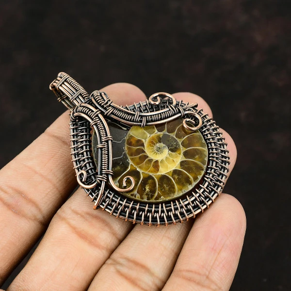 Ammonite Fossil Pear Brown Handmade Copper Wire Wrapped Pendant