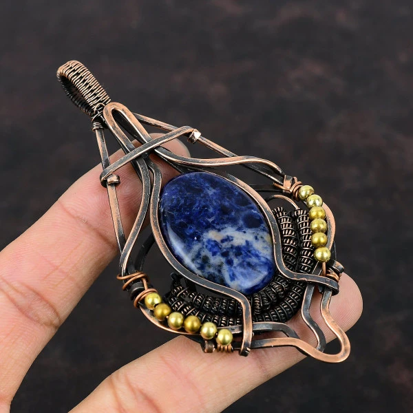 Sodalite Oval Blue Handmade Copper Wire Wrapped Pendant