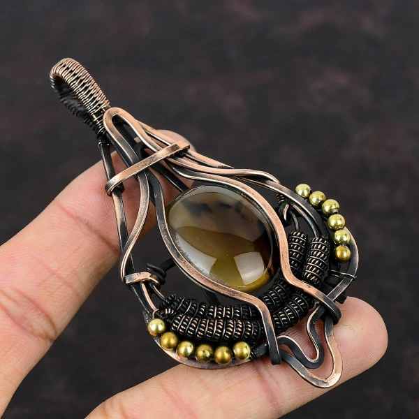 Montana Agate Oval Brown Handmade Copper Wire Wrapped Pendant