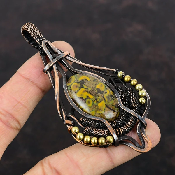 Fruit Jasper Oval Yellow Handmade Copper Wire Wrapped Pendant