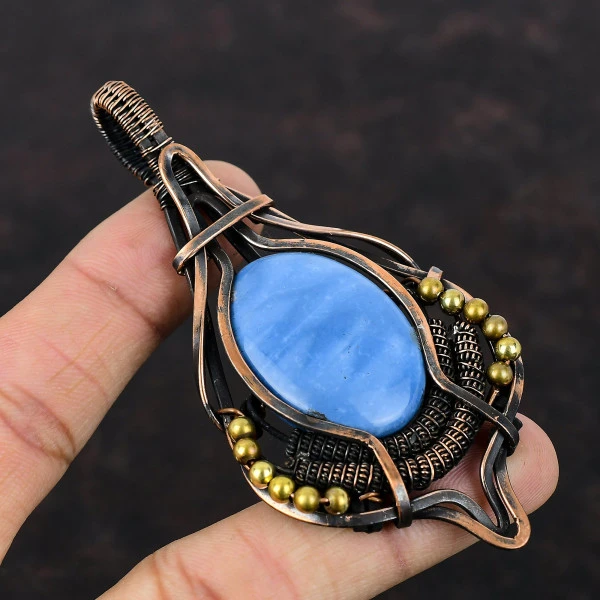 Owyhee Blue Opal Oval Blue Handmade Copper Wire Wrapped Pendant