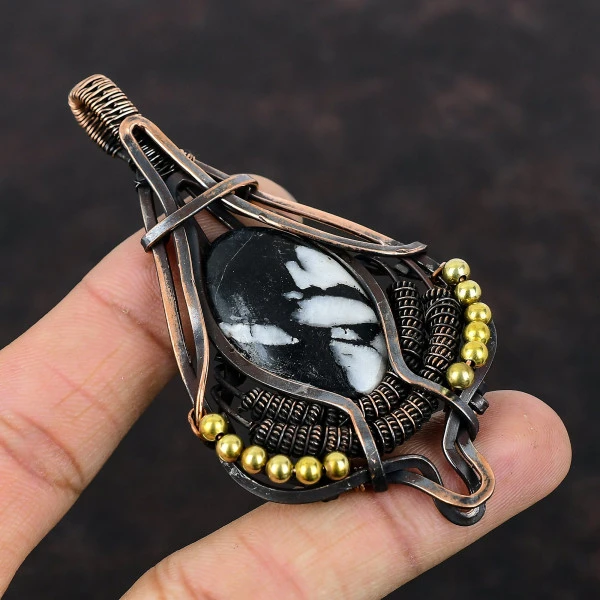 White Buffalo Turquoise Oval Black Handmade Copper Wire Wrapped Pendant