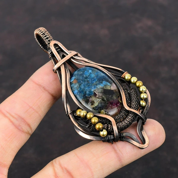 Copper Watermelon Tourmaline Oval Blue Handmade Copper Wire Wrapped Pendant