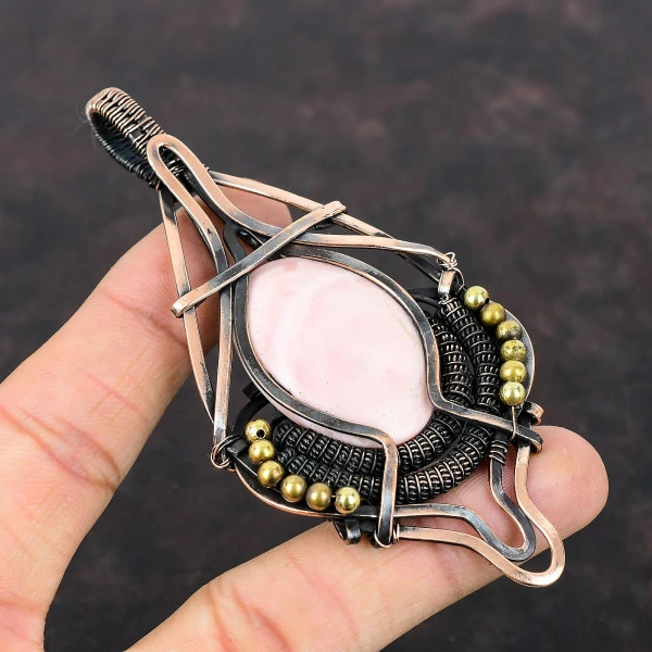 Pink Opal Oval Pink Handmade Copper Wire Wrapped Pendant