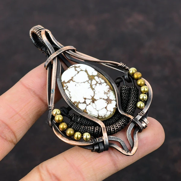 Wild Horse Magnesite Oval White Handmade Copper Wire Wrapped Pendant