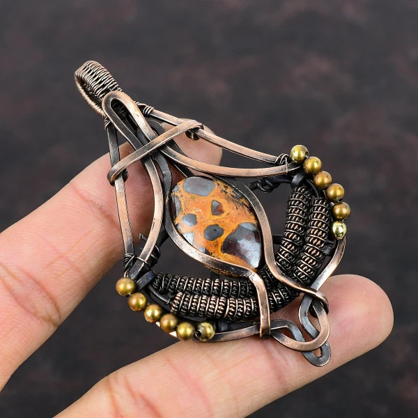 Bauxite Oval Red Handmade Copper Wire Wrapped Pendant