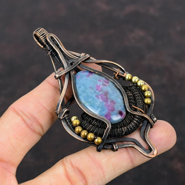 Ruby In Blue Kyanite Oval Blue Handmade Copper Wire Wrapped Pendant