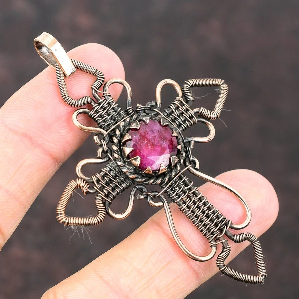 Kashmir Ruby Round Red Handmade Copper Wire Wrapped Pendant