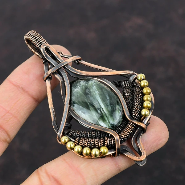Seraphinite Oval Green Handmade Copper Wire Wrapped Pendant