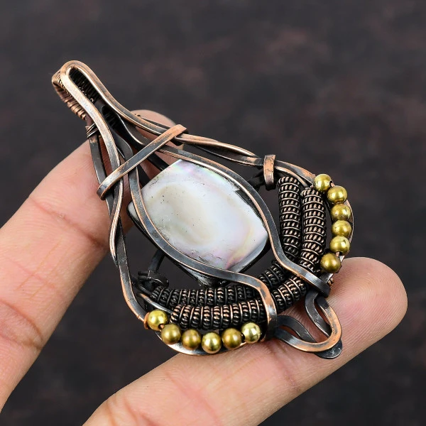 Black Mother Of Pearl Radiant Gray Handmade Copper Wire Wrapped Pendant