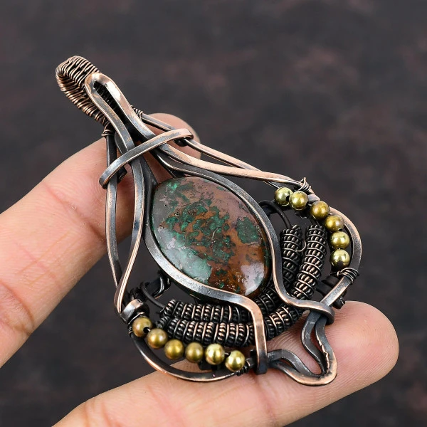 Cuprite Chrysocolla Oval Green Handmade Copper Wire Wrapped Pendant