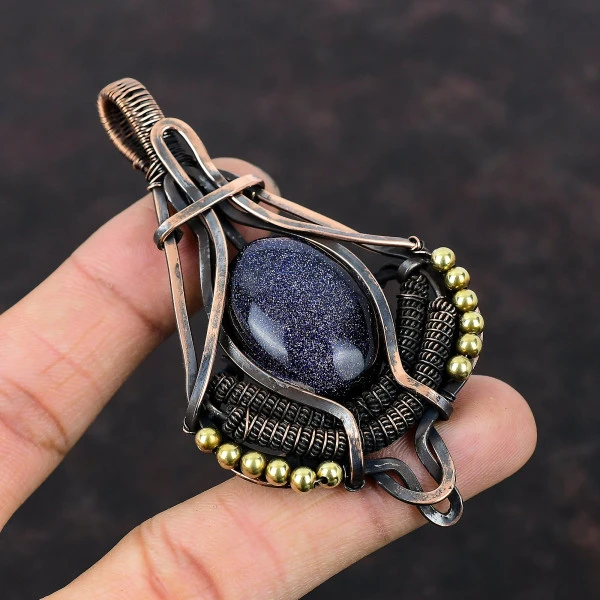 Blue Sunstone Oval Blue Handmade Copper Wire Wrapped Pendant