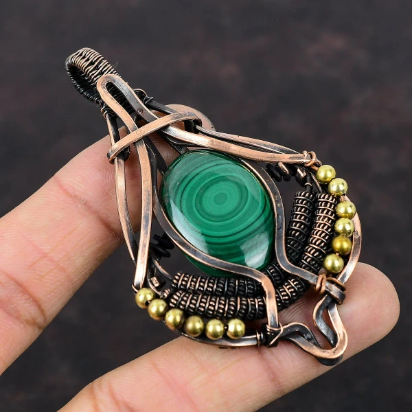Malachite Oval Green Handmade Copper Wire Wrapped Pendant