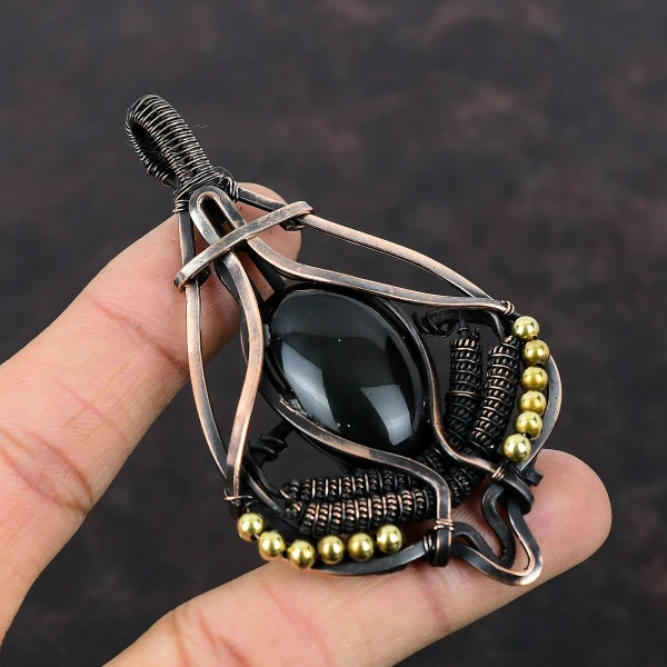 Black Obsidian Oval Black Handmade Copper Wire Wrapped Pendant