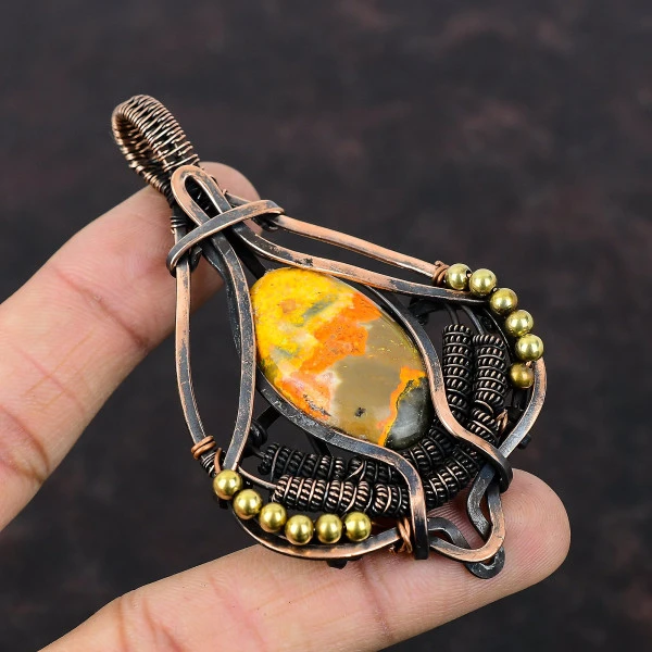 Bumble Bee Jasper Oval Yellow Handmade Copper Wire Wrapped Pendant