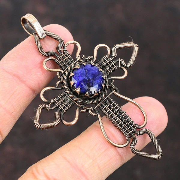 Blue Sapphire Round Blue Handmade Copper Wire Wrapped Pendant