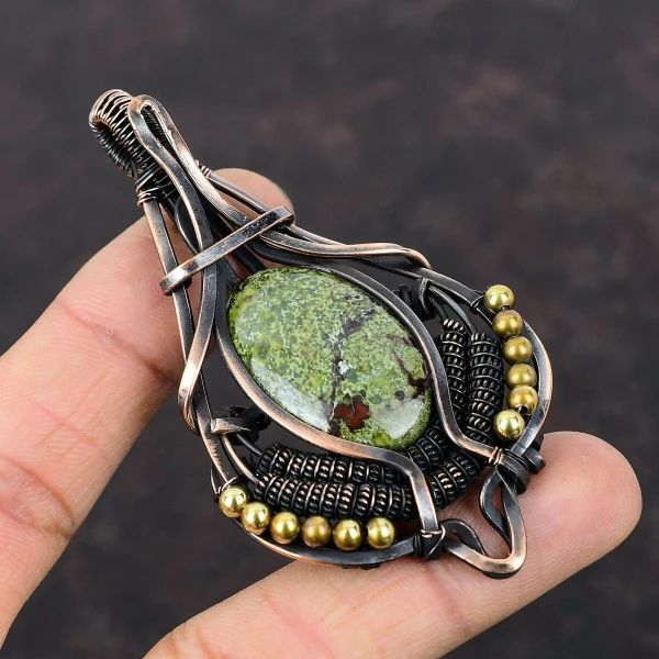 Dragon Bloodstone Oval Green Handmade Copper Wire Wrapped Pendant