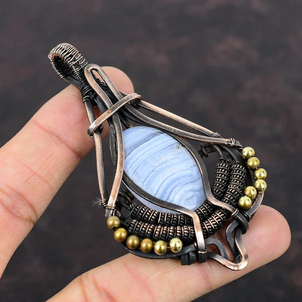 Blue Lace Agate Oval Blue Handmade Copper Wire Wrapped Pendant