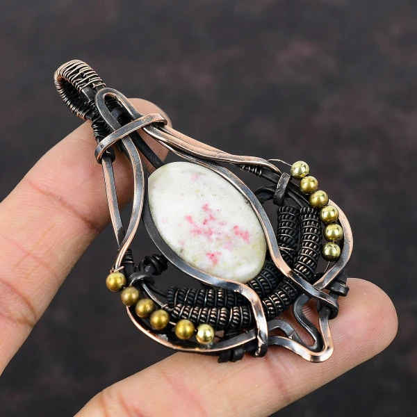 Cinnabar Oval White Handmade Copper Wire Wrapped Pendant