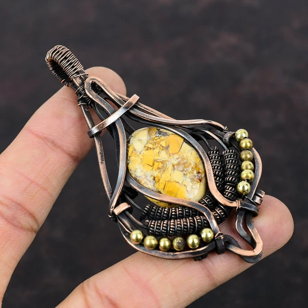 Brecciated Mookaite Oval Yellow Handmade Copper Wire Wrapped Pendant