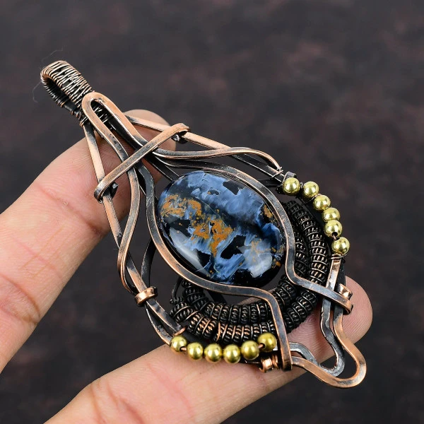 Pietersite Oval Gray Handmade Copper Wire Wrapped Pendant