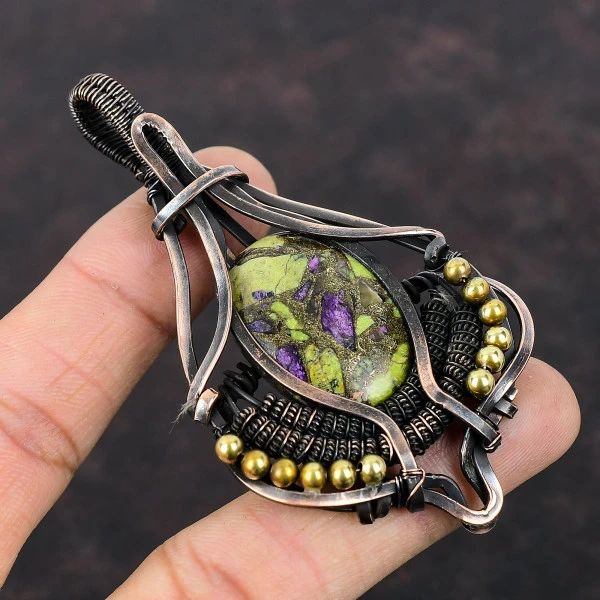 Copper Stichtite Oval Green Handmade Copper Wire Wrapped Pendant