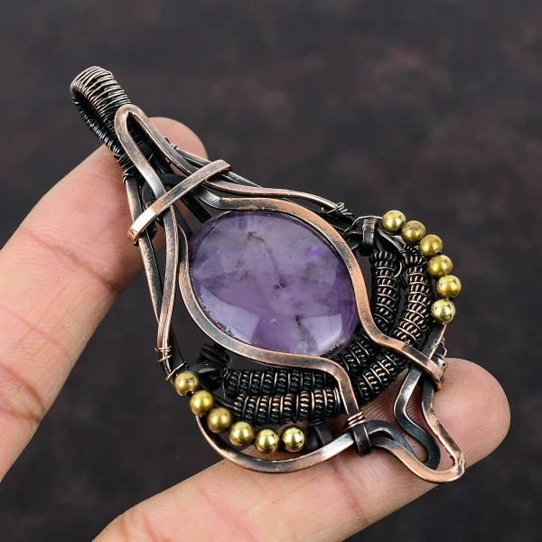 Star Amethyst Oval Purple Handmade Copper Wire Wrapped Pendant