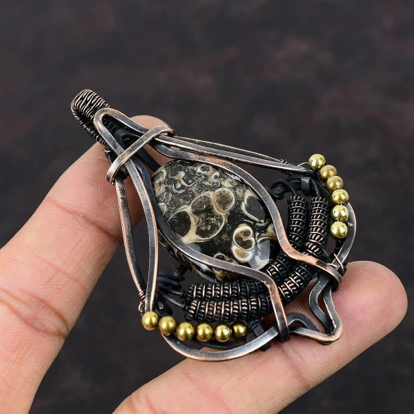Turritella Agate Oval Brown Handmade Copper Wire Wrapped Pendant