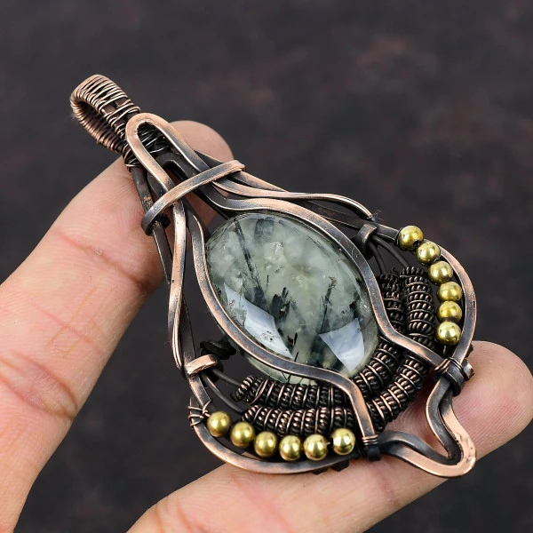 Moss Prehnite Oval Green Handmade Copper Wire Wrapped Pendant