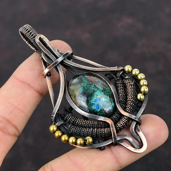 Chrysocolla Oval Green Handmade Copper Wire Wrapped Pendant