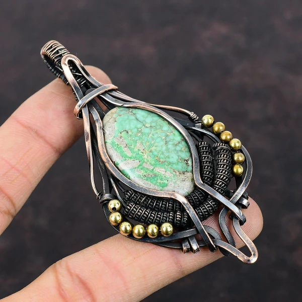 Variscite Oval Green Handmade Copper Wire Wrapped Pendant